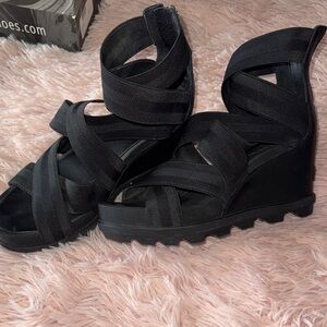Sorel Black Wedge Sandals
